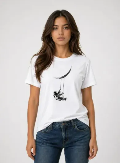 Astronot Ay Temalı Tişört Kısa Kol Yazlık Bisiklet Yaka T-Shirt - Beyaz - M - Beyaz