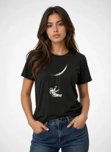 Astronot Ay Temalı Tişört Kısa Kol Yazlık Bisiklet Yaka T-Shirt - Siyah - XL - Siyah