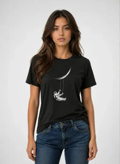 Astronot Ay Temalı Tişört Kısa Kol Yazlık Bisiklet Yaka T-Shirt - Siyah - XL - Siyah