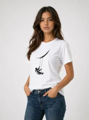 Astronot Ay Temalı Tişört Kısa Kol Yazlık Bisiklet Yaka T-Shirt - Beyaz - S - Beyaz
