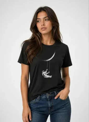 Astronot Ay Temalı Tişört Kısa Kol Yazlık Bisiklet Yaka T-Shirt - Siyah - S - Siyah