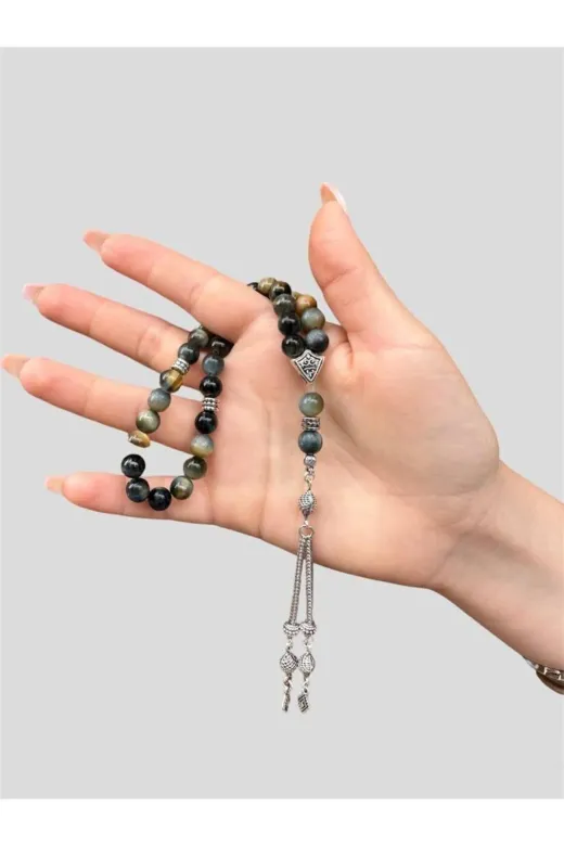 Asya Gems AYG-7706 8 Mm Küre Kesim Mavi Kaplan Gözü Doğal Taş Tesbih