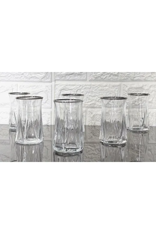 atabey home 6LIÇAYBARDAĞIGRUBU 6 Adet Çay Bardaği - Zoe Gerçek Platin-Gümüş Yaldiz 170 Ml