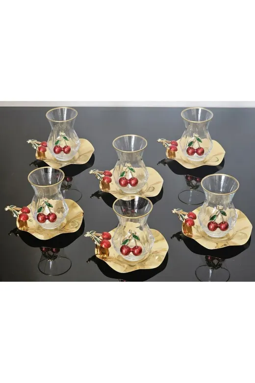 atabey home ALYAKİRAZLI Alya Çay Seti 12 Parça Döküm Kirazli  Metal Tabakli Lüx Set
