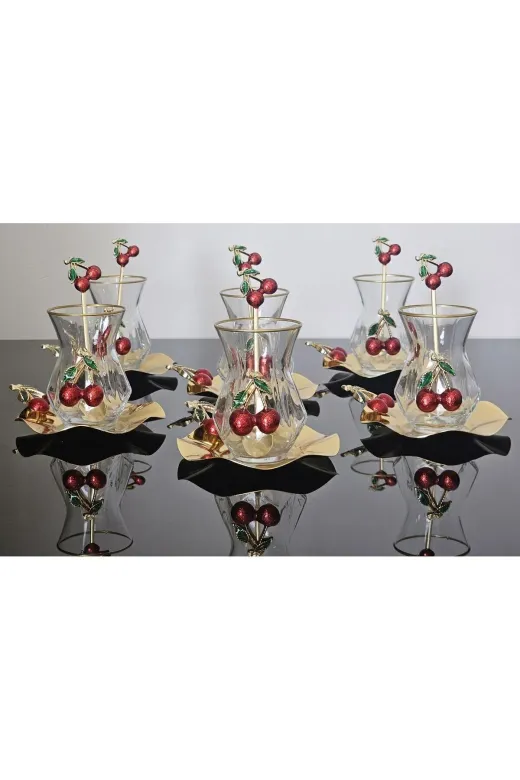 atabey home ALYAKİRAZLI Alya Çay Seti 18 Parça Döküm Kirazli & Metal Tabakli  Ve Kiraz Çay Kaşikli Lüx Set