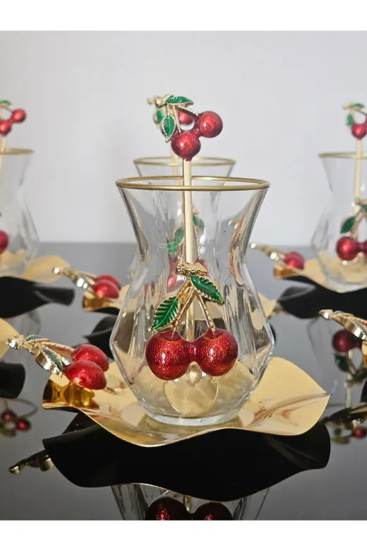 atabey home ALYAKİRAZLI Alya Çay Seti 18 Parça Döküm Kirazli & Metal Tabakli  Ve Kiraz Çay Kaşikli Lüx Set