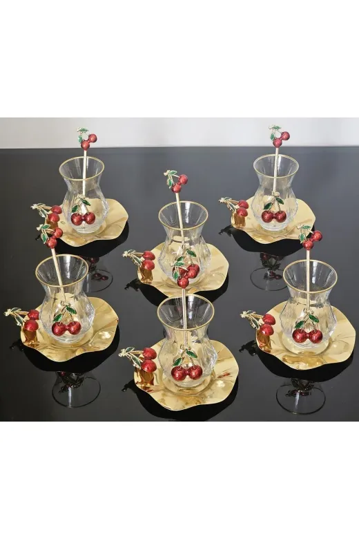 atabey home ALYAKİRAZLI Alya Çay Seti 18 Parça Döküm Kirazli & Metal Tabakli  Ve Kiraz Çay Kaşikli Lüx Set