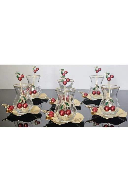 atabey home ALYAKİRAZLI Alya Çay Seti 18 Parça Döküm Kirazli & Metal Tabakli  Ve Kiraz Çay Kaşikli Lüx Set