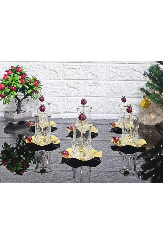 atabey home ALYAKİRAZLI Odin Gerçek Yaldiz Çay Seti 18 Parça Döküm Uğur Böcekli & Metal Tabakli Ve Çay Kaşikli Lüx Set