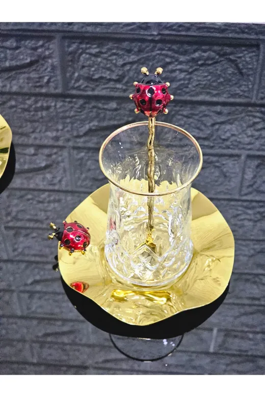 atabey home ALYAKİRAZLI Odin Gerçek Yaldiz Çay Seti 18 Parça Döküm Uğur Böcekli & Metal Tabakli Ve Çay Kaşikli Lüx Set