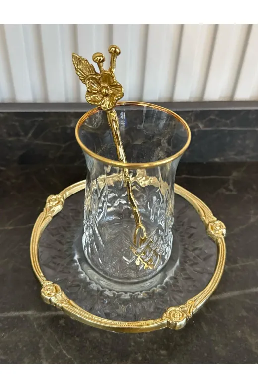 atabey home ALYAKİRAZLI Odin Gerçek Yaldiz Gül Çerçeveli Çay Seti 18 Parça - 6 Tabak 6 Bardak- 6 Kaşik Çay Takimi
