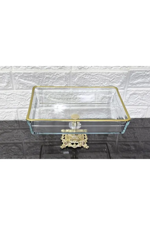 atabey home ATABEYOVALBORCAMAYAKLI Premium Dikdörtgen Borcam 28 Cm Döküm Gold Ayakli & Sunumluk & Salatalik
