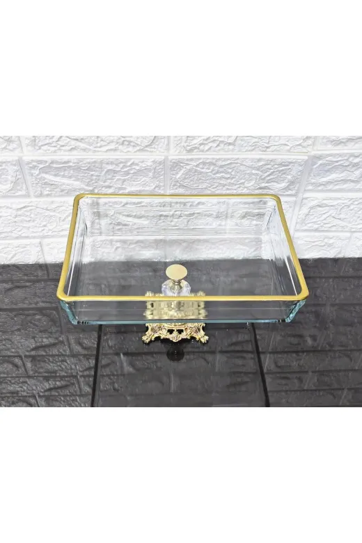atabey home ATABEYOVALBORCAMAYAKLI Premium Dikdörtgen Borcam 28 Cm Döküm Gold Ayakli & Sunumluk & Salatalik