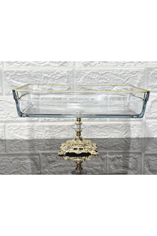 atabey home ATABEYOVALBORCAMAYAKLI Premium Dikdörtgen Borcam 28 Cm Döküm Gold Ayakli & Sunumluk & Salatalik