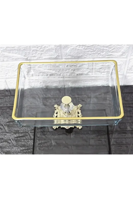 atabey home ATABEYOVALBORCAMAYAKLI Premium Dikdörtgen Borcam 28 Cm Döküm Gold Ayakli & Sunumluk & Salatalik
