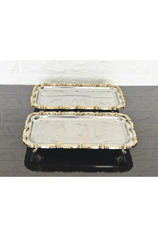 atabey home BATONÇELİKTEPSİLER 2'li Ayakli Sunum Tepsisi & Baton Pasta Servisi Çelik Tepsi Döküm Gold Çerçeve 32 Cm