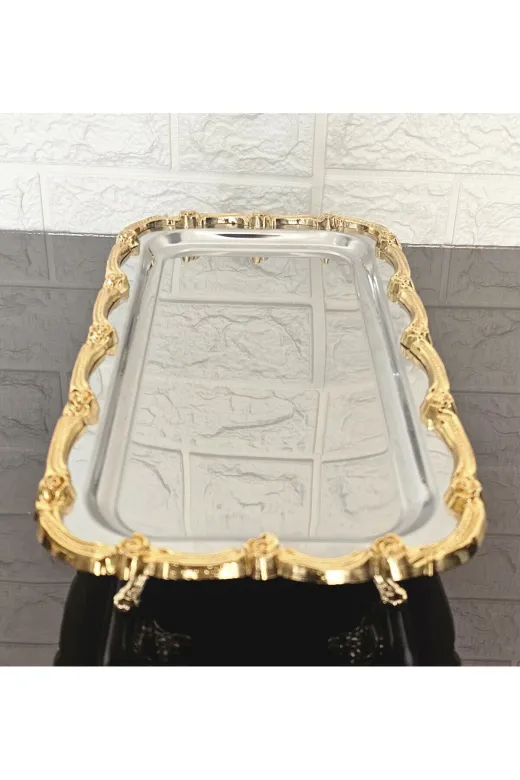 atabey home BATONÇELİKTEPSİLER 2'li Ayakli Sunum Tepsisi & Baton Pasta Servisi Çelik Tepsi Döküm Gold Çerçeve 32 Cm