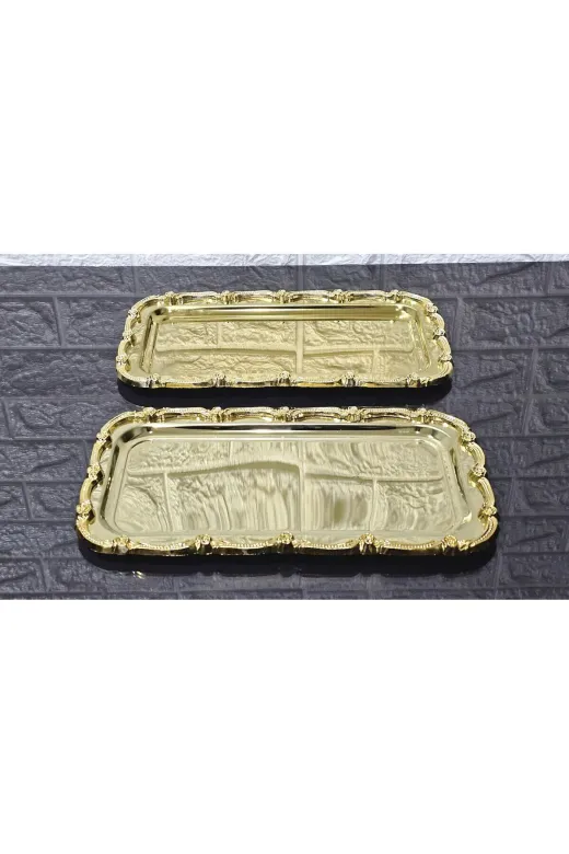 atabey home BATONÇELİKTEPSİLER 2'li Full Gold Sunum Tepsisi & Baton Pasta Servisi Çelik Tepsi Döküm Çerçeveli 32 Cm