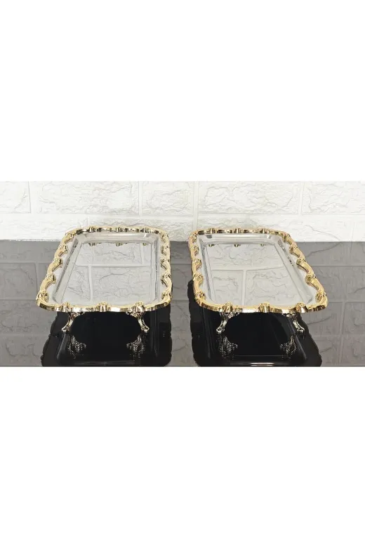 atabey home BATONÇELİKTEPSİLER 6'li Ayakli Sunum Tepsisi & Baton Pasta Servisi Çelik Tepsi Döküm Gold Çerçeve 32 Cm