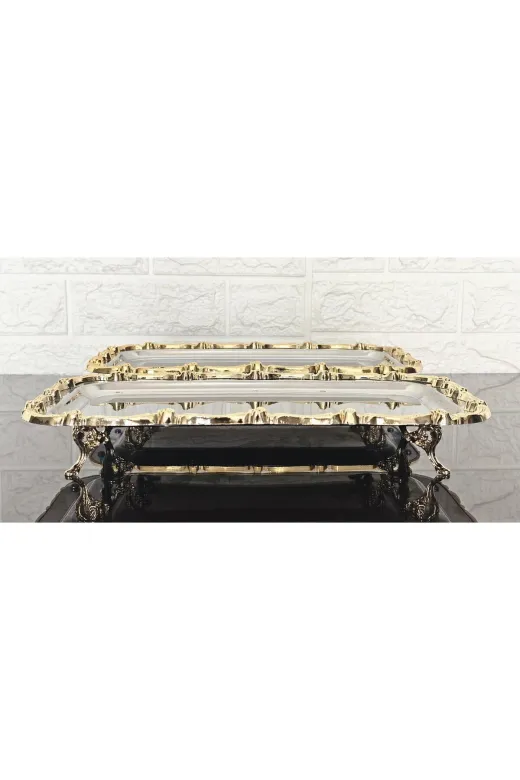 atabey home BATONÇELİKTEPSİLER 6'li Ayakli Sunum Tepsisi & Baton Pasta Servisi Çelik Tepsi Döküm Gold Çerçeve 32 Cm