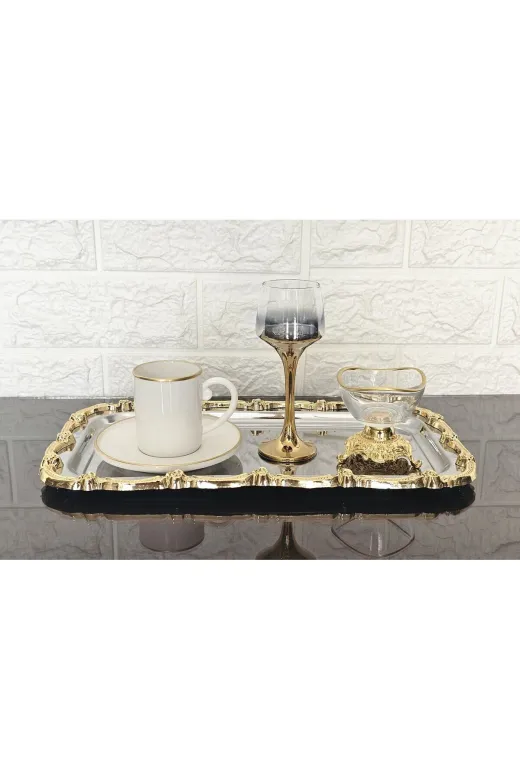 atabey home BATONÇELİKTEPSİLER Tekli Sunum Tepsisi & Baton Pasta Servisi Çelik Tepsi Döküm Gold Çerçeve 32 Cm