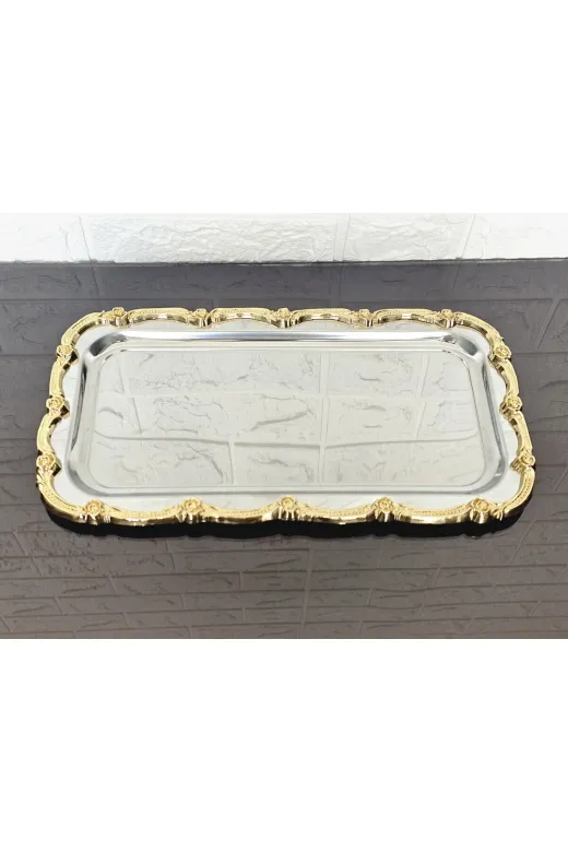 atabey home BATONÇELİKTEPSİLER Tekli Sunum Tepsisi & Baton Pasta Servisi Çelik Tepsi Döküm Gold Çerçeve 32 Cm