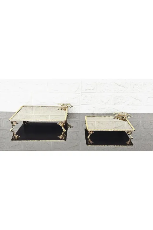 atabey home cercevelikareserisi Bronz Cam İkili Kare Servis Tabaği 4 Ayak-Sunumluk-Söz Tepsisi-Sunum Tepsisi-Döküm Gold Çerçeve
