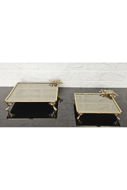 atabey home cercevelikareserisi Bronz Cam İkili Kare Servis Tabaği 4 Ayak-Sunumluk-Söz Tepsisi-Sunum Tepsisi-Döküm Gold Çerçeve