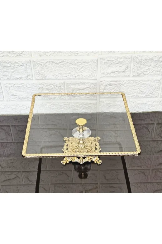atabey home cercevelikareserisi Cam 2'li Kare Servis Tabaği-Sunumluk-Söz Tepsisi-Sunum Tepsisi-Döküm Gold Çerçeve 22+27Cm