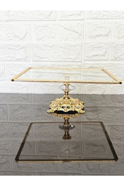 atabey home cercevelikareserisi Cam 2'li Kare Servis Tabaği-Sunumluk-Söz Tepsisi-Sunum Tepsisi-Döküm Gold Çerçeve 22+27Cm