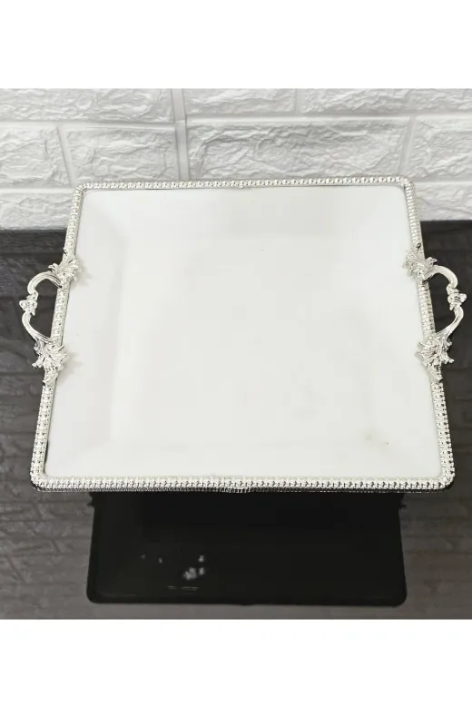 atabey home cercevelikareserisi Porselen Büyük Kare Servis Tabaği-Sunumluk Döküm Gümüş Çerçeve Ve Ayakli 27Cm
