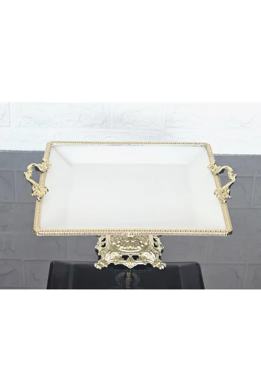 atabey home cercevelikareserisi Porselen Büyük Sade Kare Servis Tabaği-Sunumluk Döküm Gold Çerçeve Ve Ayakli 27Cm