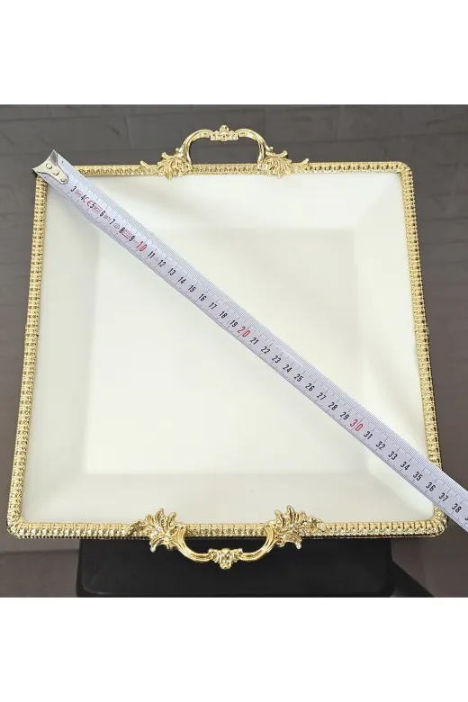 atabey home cercevelikareserisi Porselen Büyük Sade Kare Servis Tabaği-Sunumluk Döküm Gold Çerçeve Ve Ayakli 27Cm