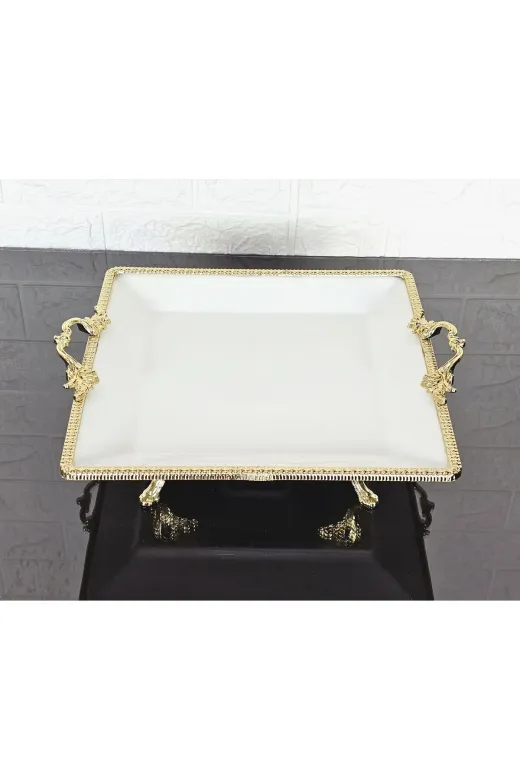 atabey home cercevelikareserisi Porselen Büyük Sade Kare Servis Tabaği-Sunumluk Döküm Gold Çerçeve Ve Küçük 4 Ayakli 27Cm