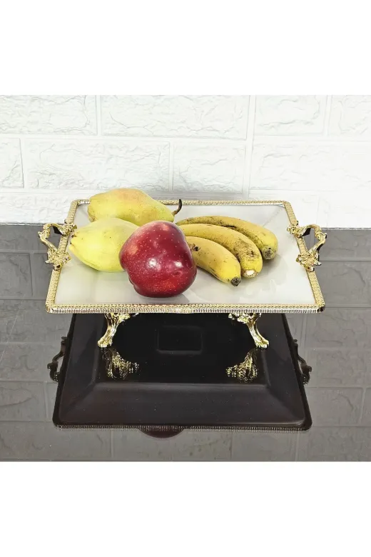 atabey home cercevelikareserisi Porselen Büyük Sade Kare Servis Tabaği-Sunumluk Döküm Gold Çerçeve Ve Küçük 4 Ayakli 27Cm