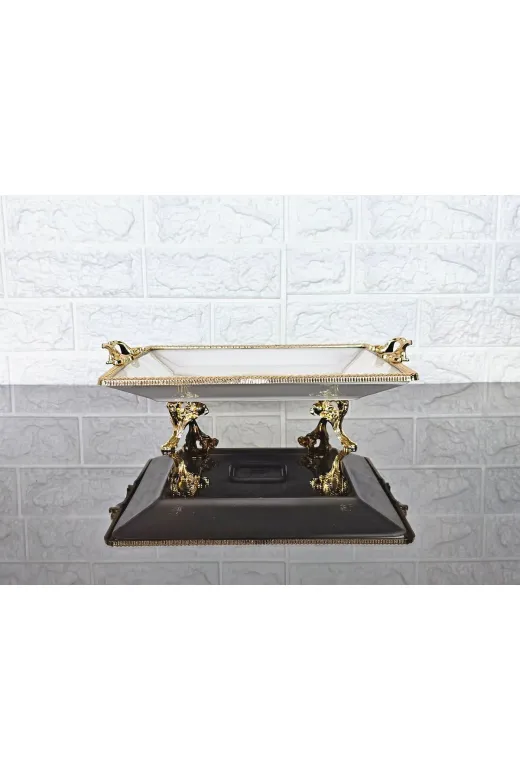 atabey home cercevelikareserisi Porselen Büyük Sade Kare Servis Tabaği-Sunumluk Döküm Gold Çerçeve Ve Küçük 4 Ayakli 27Cm