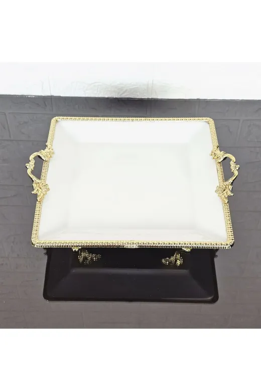 atabey home cercevelikareserisi Porselen Büyük Sade Kare Servis Tabaği-Sunumluk Döküm Gold Çerçeve Ve Küçük 4 Ayakli 27Cm