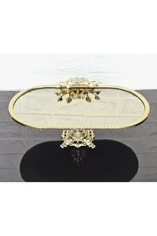 atabey home çerçevelikayıkserisi Bronz Ayna 2'li Kayik Tabak & Sunumluk Döküm Gold Çerçeveli Ve Kare Ayakli