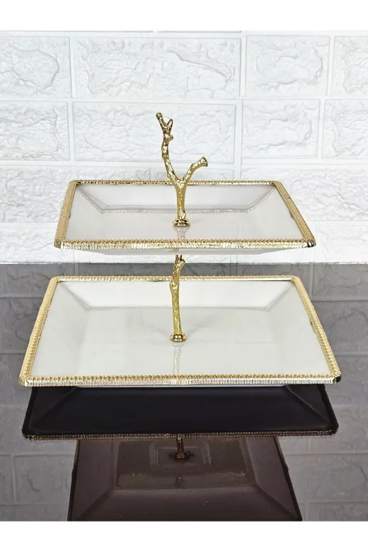 atabey home çerçevelikurabiyelik Porselen Kare Döküm Gold Çerçeveli 2 Katli Kurabiyelik Sade 22+27 Cm