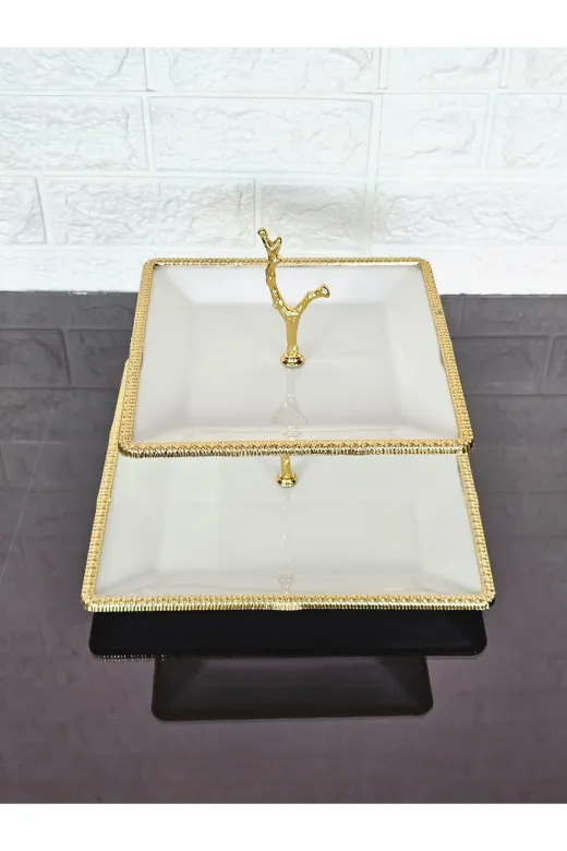 atabey home çerçevelikurabiyelik Porselen Kare Döküm Gold Çerçeveli 2 Katli Kurabiyelik Sade 22+27 Cm