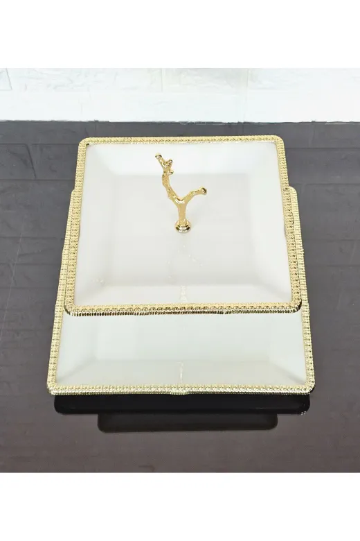 atabey home çerçevelikurabiyelik Porselen Kare Döküm Gold Çerçeveli 2 Katli Kurabiyelik Sade 22+27 Cm
