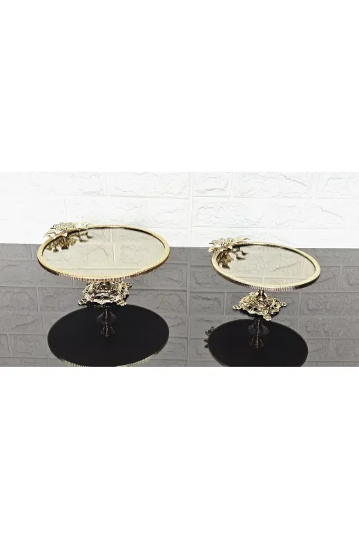 atabey home çerçeveliseriyuvarlak 2'li Bronz Ayna Yuvarlak Servis Tabaği 20+25 Cm-Sunumluk Döküm Gold Çerçeve Ve Döküm Ayak