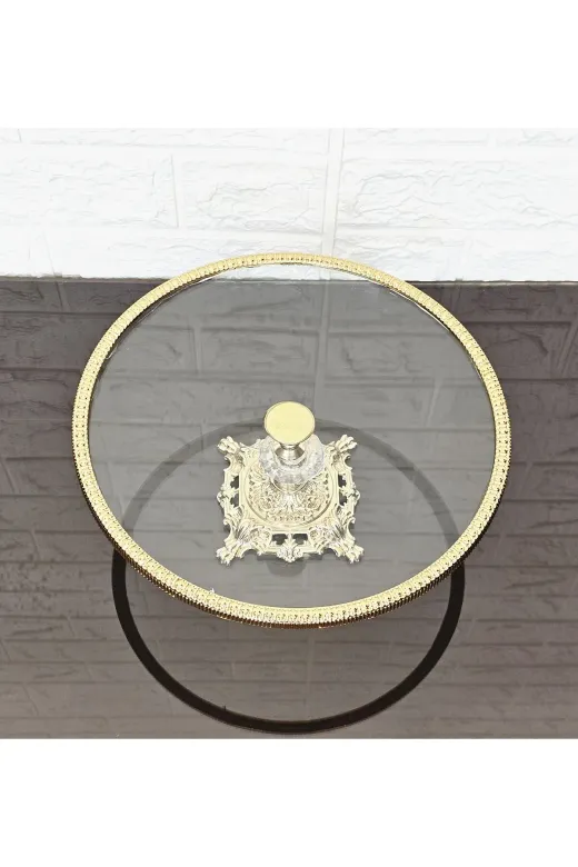 atabey home çerçeveliseriyuvarlak Cam Yuvarlak Büyük Servis Tabaği 25 Cm-Sunumluk Döküm Gold Çerçeve Ve Döküm Ayak