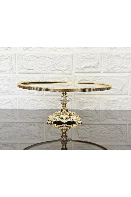 atabey home çerçeveliseriyuvarlak Cam Yuvarlak Büyük Servis Tabaği 25 Cm-Sunumluk Döküm Gold Çerçeve Ve Döküm Ayak