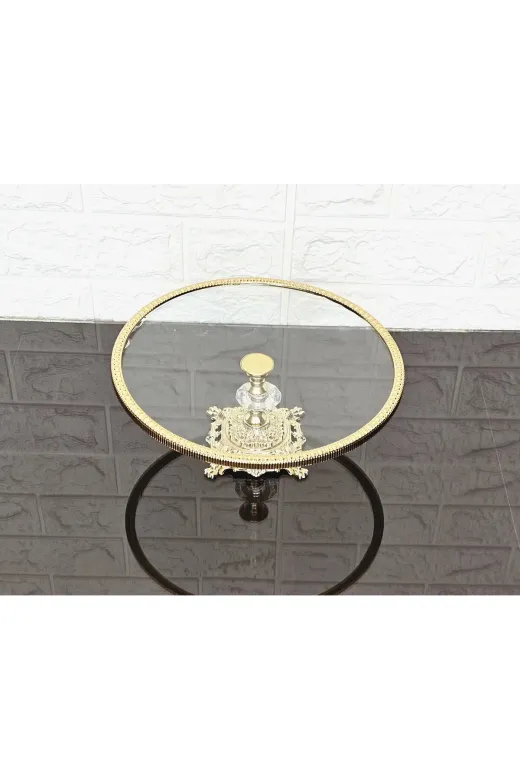 atabey home çerçeveliseriyuvarlak Cam Yuvarlak Büyük Servis Tabaği 25 Cm-Sunumluk Döküm Gold Çerçeve Ve Döküm Ayak
