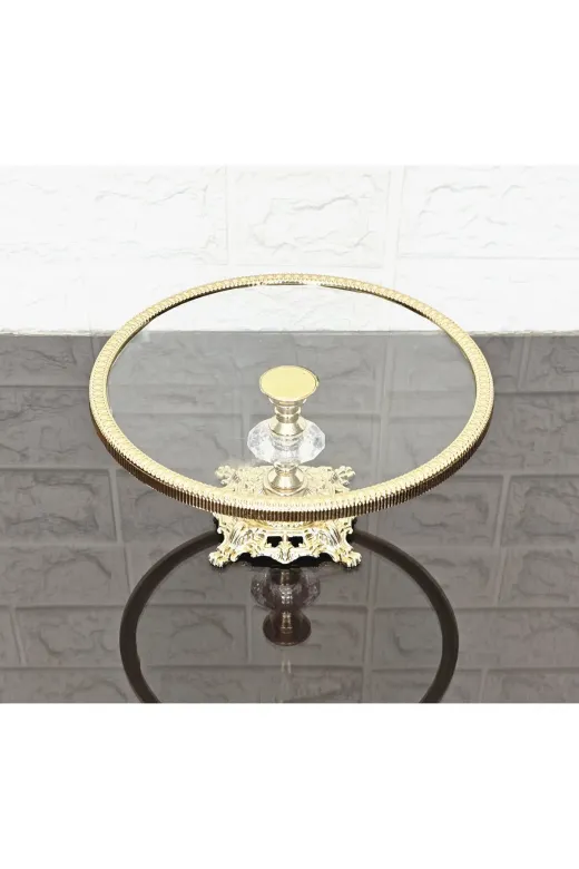 atabey home çerçeveliseriyuvarlak Cam Yuvarlak Küçük Servis Tabaği 20 Cm-Sunumluk Döküm Gold Çerçeve Ve Döküm Ayak