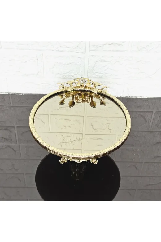atabey home çerçeveliseriyuvarlak Küçük Bronz Ayna Yuvarlak Servis Tabaği 20Cm-Sunumluk Döküm Gold Çerçeve Ve Döküm Ayak