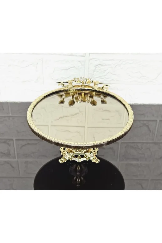 atabey home çerçeveliseriyuvarlak Küçük Bronz Ayna Yuvarlak Servis Tabaği 20Cm-Sunumluk Döküm Gold Çerçeve Ve Döküm Ayak