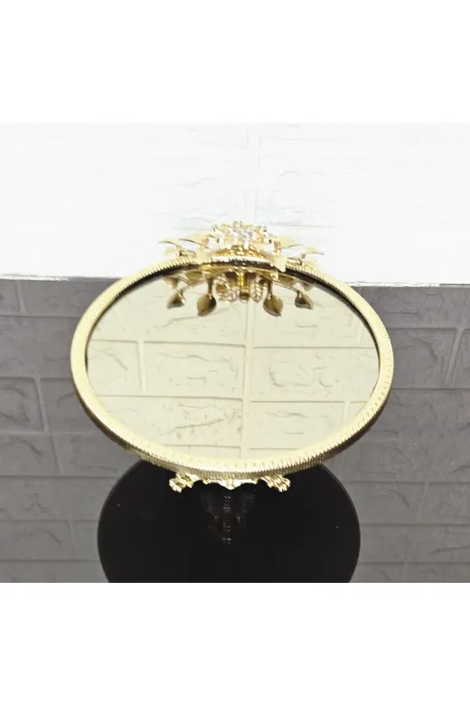 atabey home çerçeveliseriyuvarlak Küçük Bronz Ayna Yuvarlak Servis Tabaği 20Cm-Sunumluk Döküm Gold Çerçeve Ve Döküm Ayak