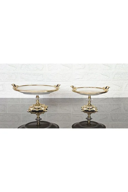 atabey home çerçeveliseriyuvarlak Porselen Sade Yuvarlak 2'li Servis Tabaği Srti-Sunumluk Döküm Gold Çerçeve Ve Döküm Ayakli 20+25Cm
